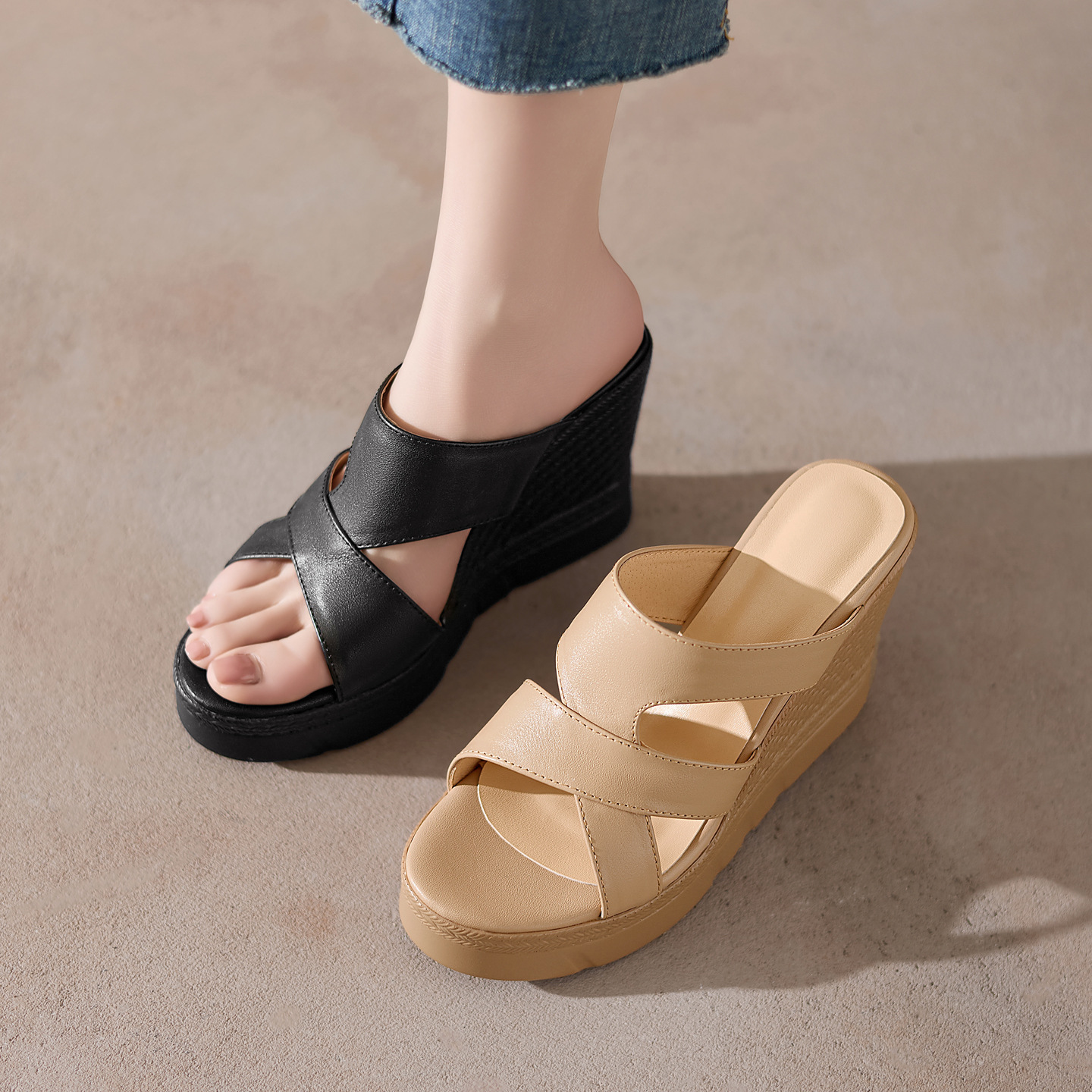 Sandal cao gót nữ hở mũi đế xuồng 10 cm — đen