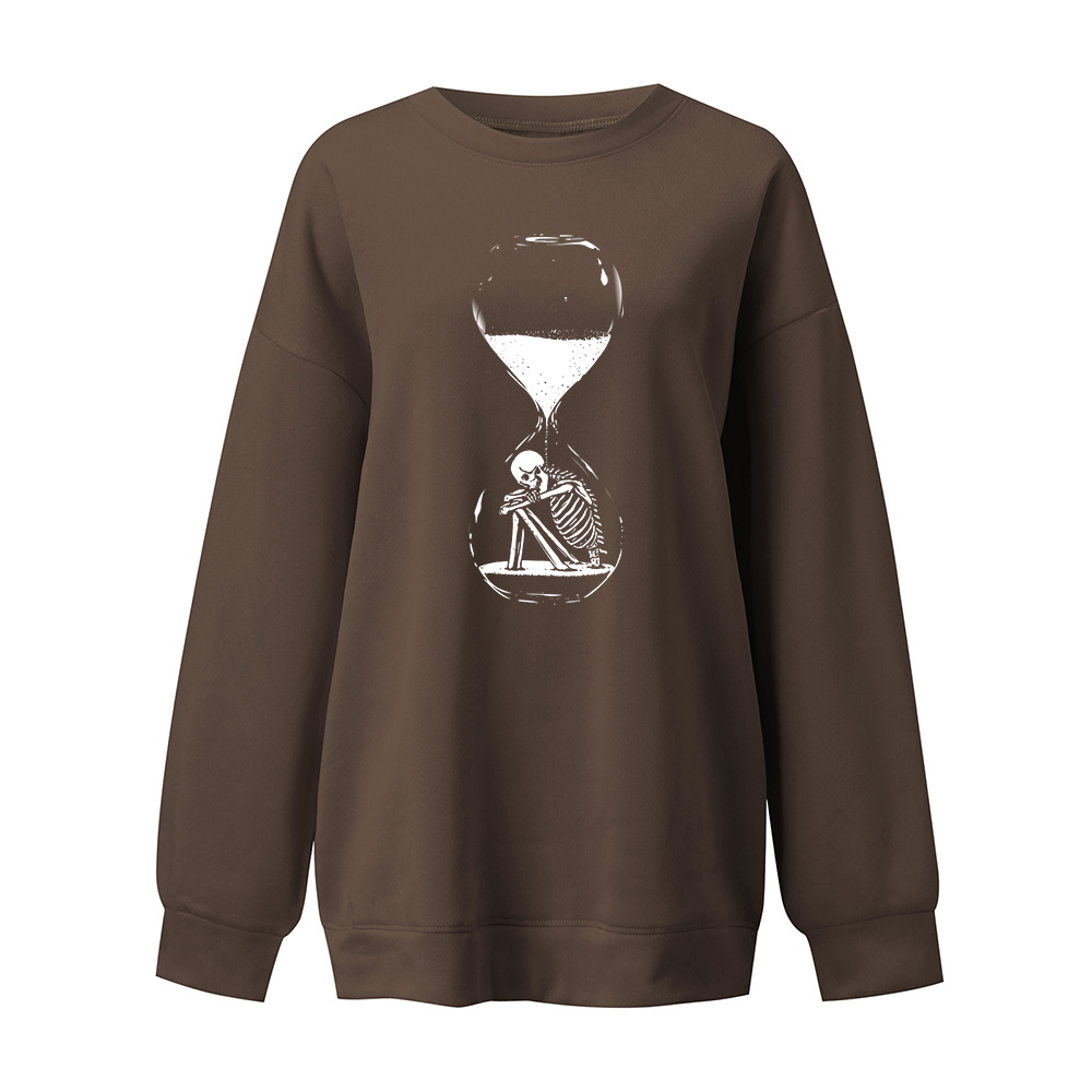 Halloween Sanduhr Skelett Fleece Rundhals Pullover Tropfen Schulter Langarm Herbst/Winter Warm Top Unisex_voghion.com
