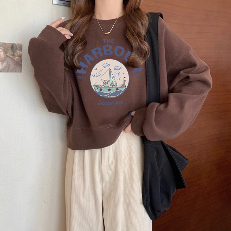 圆领套头短款卫衣女加绒加厚秋冬上衣宽松高腰显瘦小个子春秋薄款|undefined