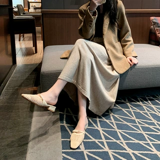宽胖脚法式方头珍珠编织包头半拖女粗跟外穿凉拖加肥加宽大码女鞋