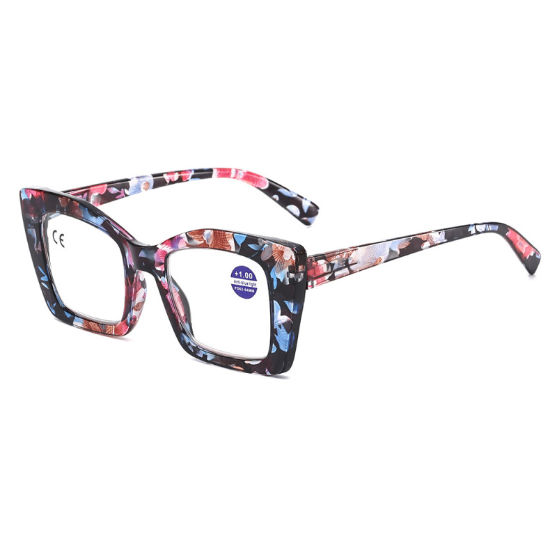 ヨーロッパとアメリカの新しいファッション抗青色光老眼鏡女性用ラージフレームトレンディなスプリング老眼鏡高齢者用フラワーフラットミラー|undefined