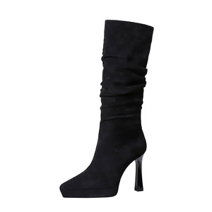 9399-1 Thick heeled Long tube Boots for Women, Pointed High tube Waterproof Platform Side Zipper, Suede Fold Stacked Boo