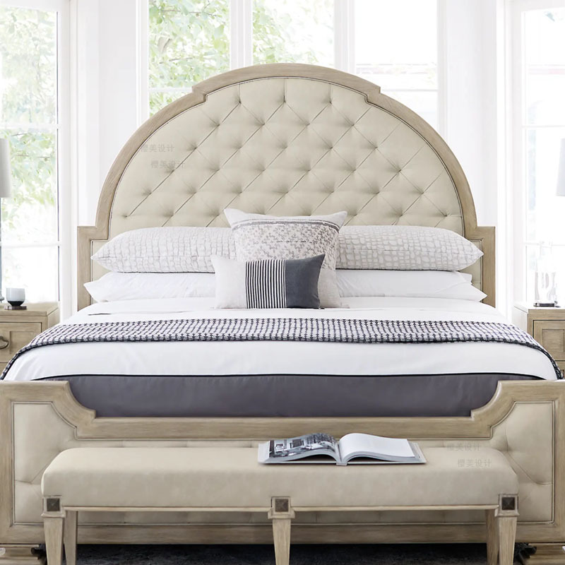 American Country Oak Linen Double Bed, French Vintage Distressed Full Solid Wood 1.8m Master Bedroom High Back Fan-Shaped Bed