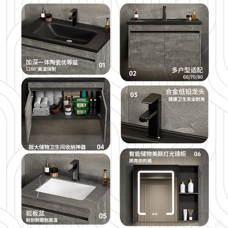 Mueble de baño de aluminio espacial Combinación de encimera negra Lavabo de cerámica de una pieza Lavabo transfronterizo Lavabo de baño Balcón