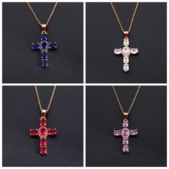希音速賣通銅微鑲彩色鋯石項鍊個性多色十字架吊墜鎖骨鏈飾品批發