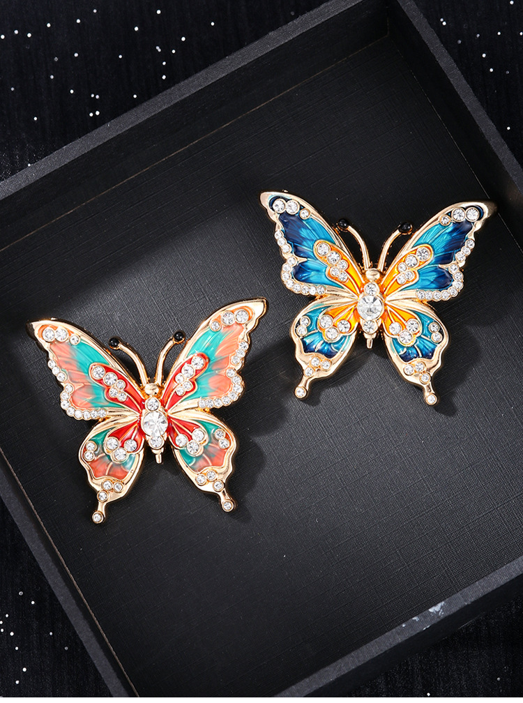 European and American high-grade enamel painted butterfly brooch ladies fashion oil drop diamond high-grade niche brooch corsage wholesale