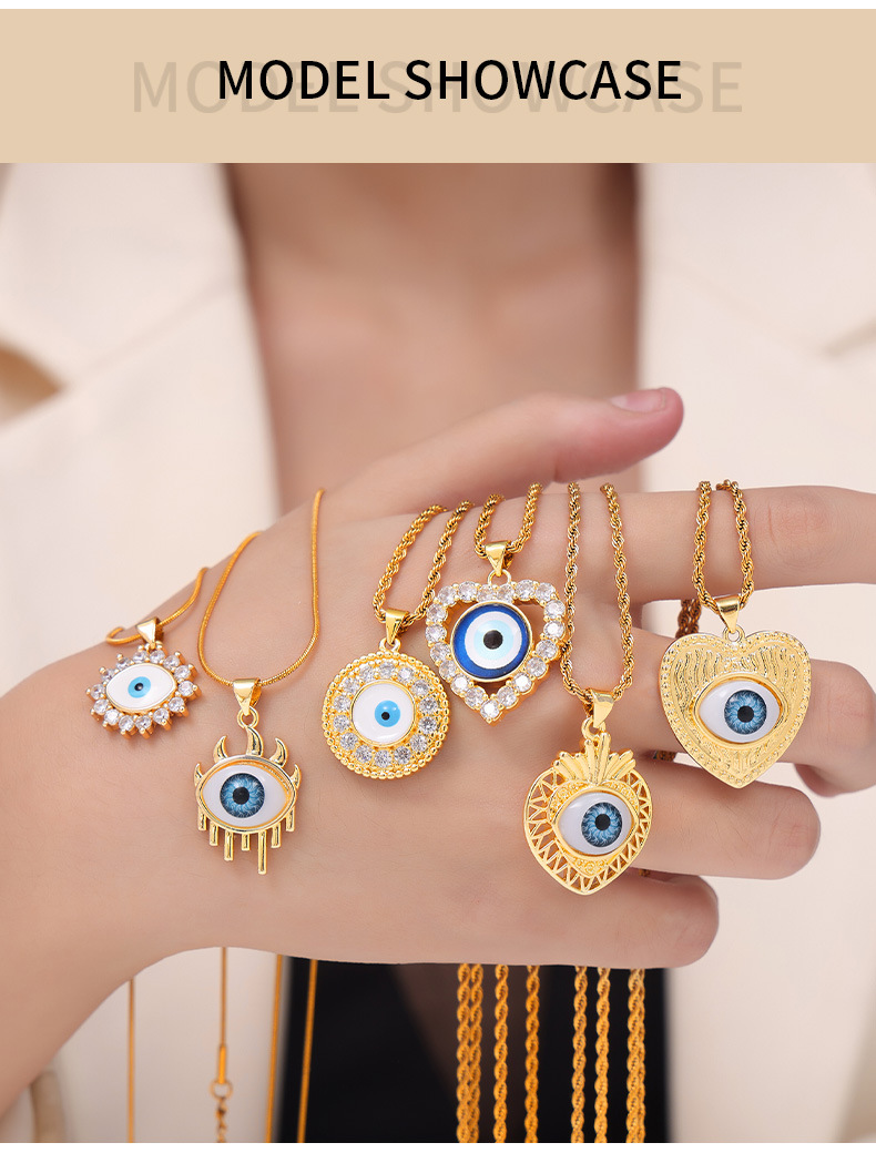 15g Weight 0.03µm-0.05µm Gold Plating Thickness PVD Coated Gold Plating Process Real Gold Plated Plating Material 304 Stainless Steel Pendant Material PVD Coated Real Gold Plated Geometric Devil's Eye Heart Shape Titanium Steel Lady Waterproof Non Tarnish Titanium Steel Pendant Necklace