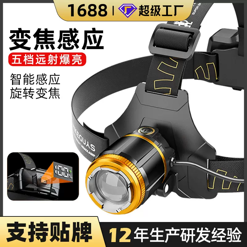跨境超亮充电式头戴灯夜钓鱼锂电强光矿灯应急变焦巡逻感应头灯
