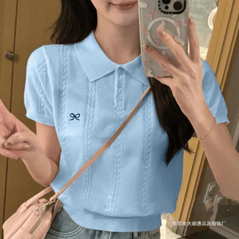 Short-sleeved sweater POLO collar embroidered small bow high texture vertical twist thin solid color lapel top