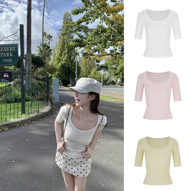 Moses Queen/ins-style large round neck mid-sleeve T-shirt, summer slim-fit versatile top for hot girls Moses Queen/ins-style large round neck mid-sleeve T-shirt, summer slim-fit versatile top for hot girls