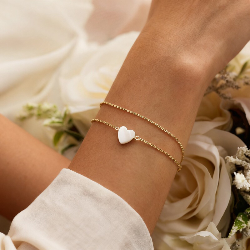 European and American Cross-Border Jewelry, Fashionable and Versatile Shell Heart Chain Bracelet for Women, Niche Double-Layer Mother-Of-Pearl Heart-Shaped Bracelet