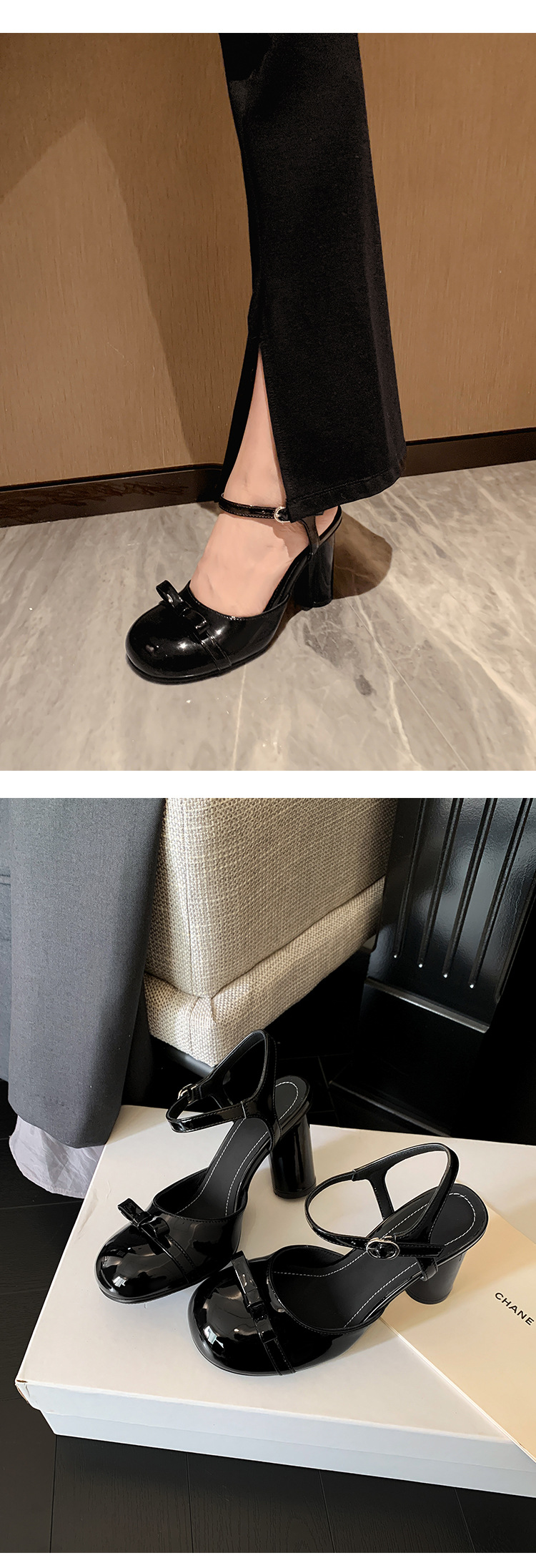 Sandal cao gót nữ mũi nhọn quai ngang nơ bướm, gót vuông ổn định — màu đen, Rượu vang đỏ, màu mơ chi tiết 9