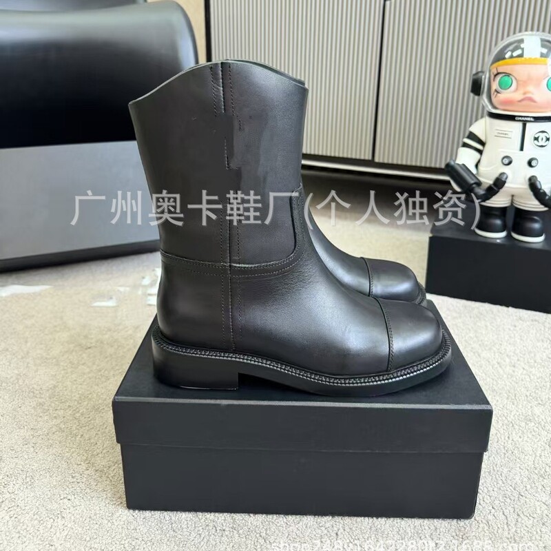 欧洲站2025新款小香风牛反绒粗跟厚底复古西部牛仔短靴切尔西靴|undefined