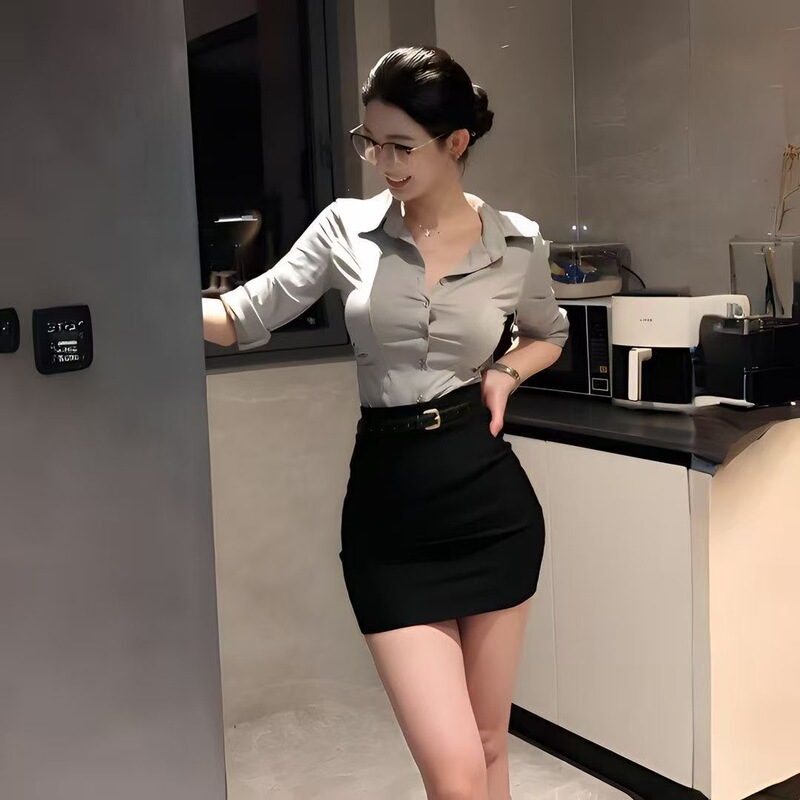 2026 Slim-Fit Shirt Paired with a Black Short Skirt Set, Elegant and Fashionable Long-Sleeve Sexy Outfit