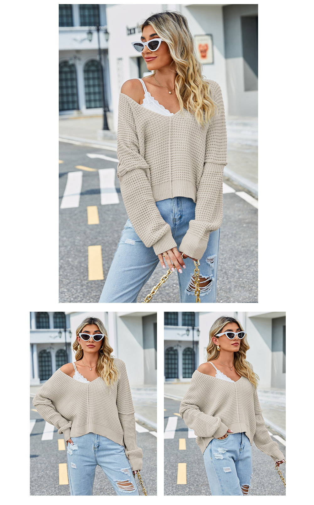 Pull sexy à col en v pour femmes, couleur unie, épaules dénudées, pull sexy_voghion.com