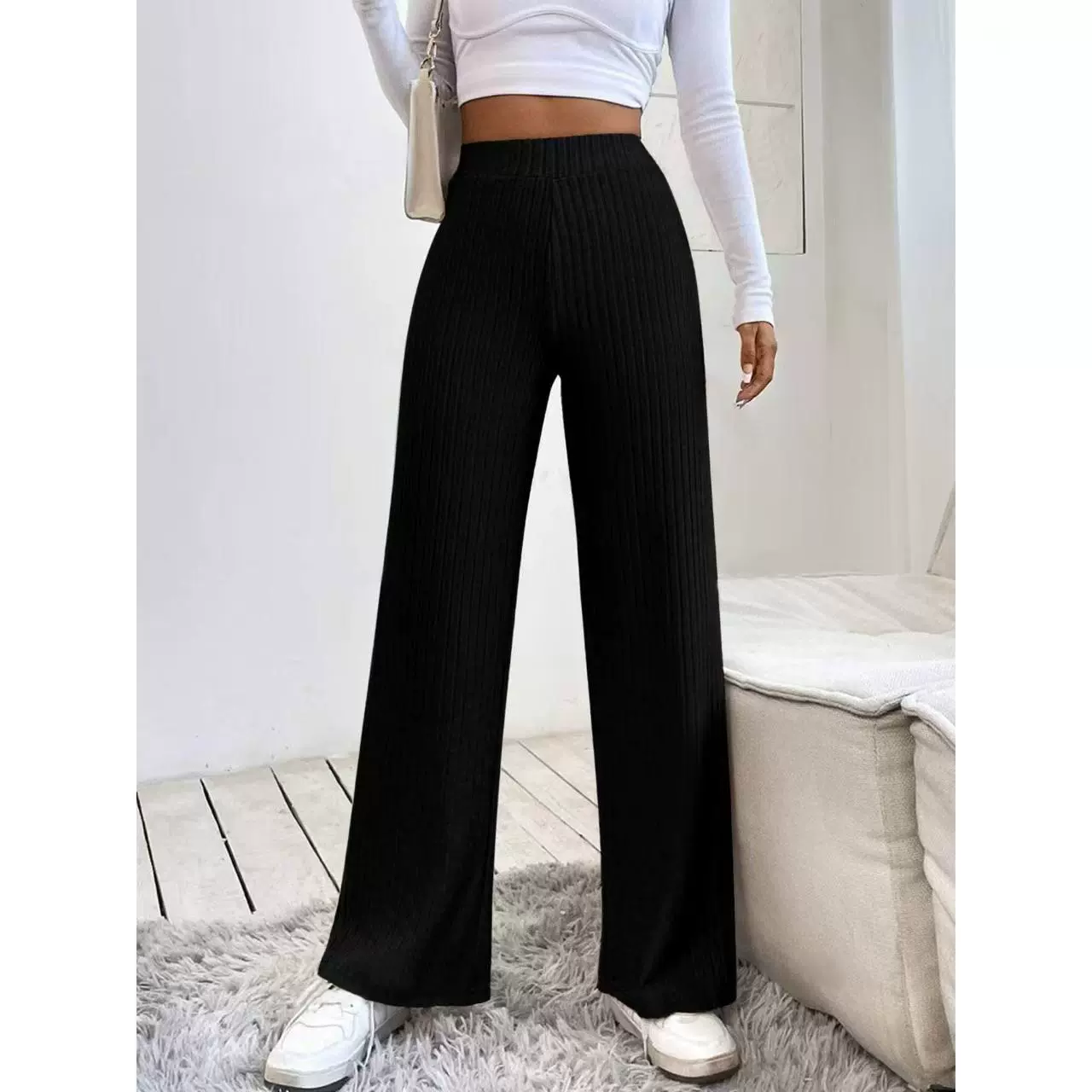 定制款2025欧美女士松紧腰大坑条罗纹针织直筒阔腿裤女