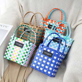 批发手工编织棋盘格菜篮子女士手提包野餐篮拍照道具潮牌手拎包