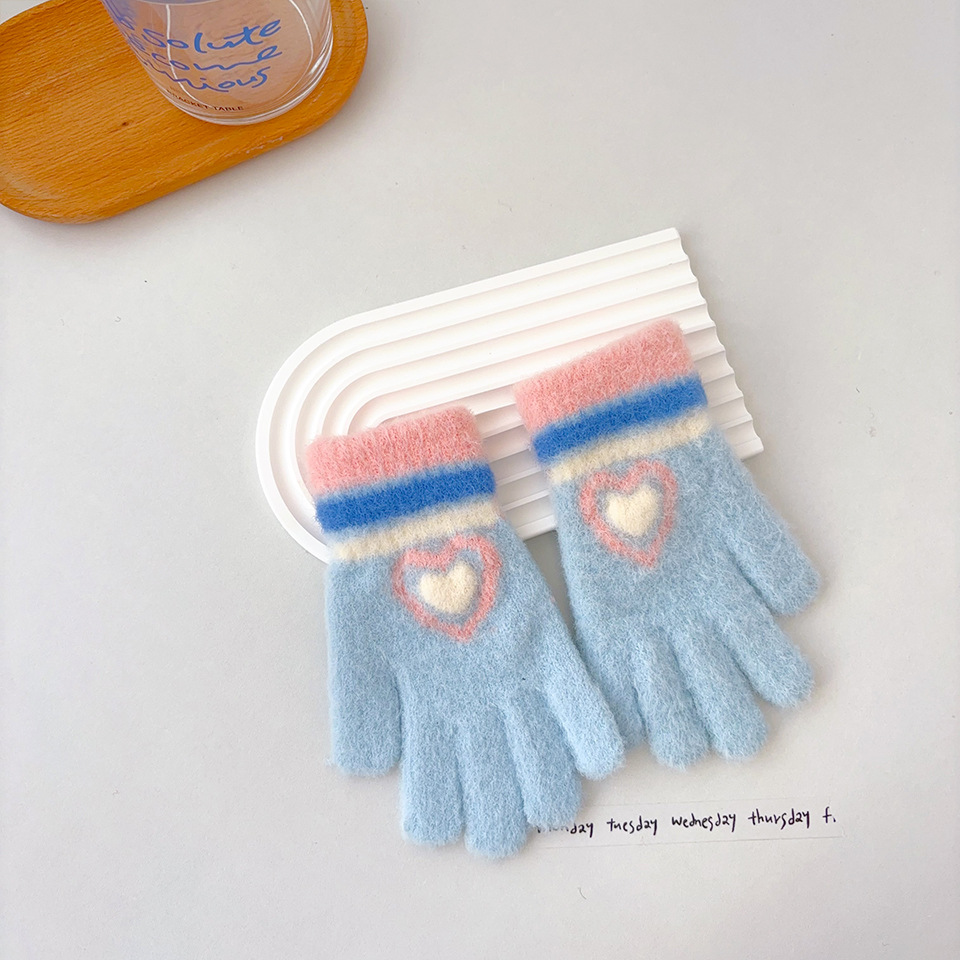 Nuevos guantes cálidos para niñas a rayas de amor a prueba de frío y engrosamiento en invierno, los niños tejen en bicicleta para jugar con la nieve y escribir cinco dedos
