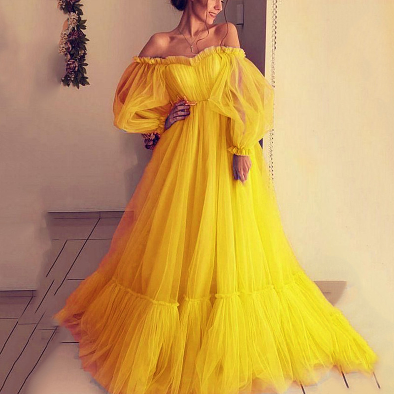 2025 nueva exportación transfronteriza europea y americana ropa de mujer deseo un hombro vestido de novia de manga larga de malla vestido con dobladillo grande