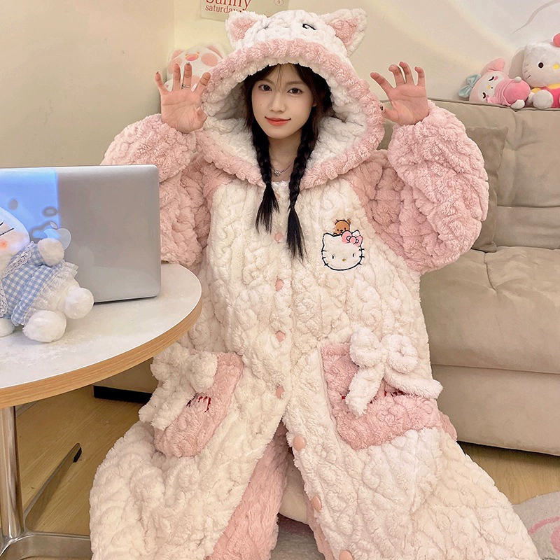 Хеллоkitty, милая стеганая зимняя на bathrobe, теплая кофта капюшон, мультяшный пижама, набор
