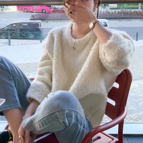 YUNSHU Plush White Salt Circle Knit Soft and Gentle Loose Sweater Autumn/Winter Lazy Style Knit Top for Women