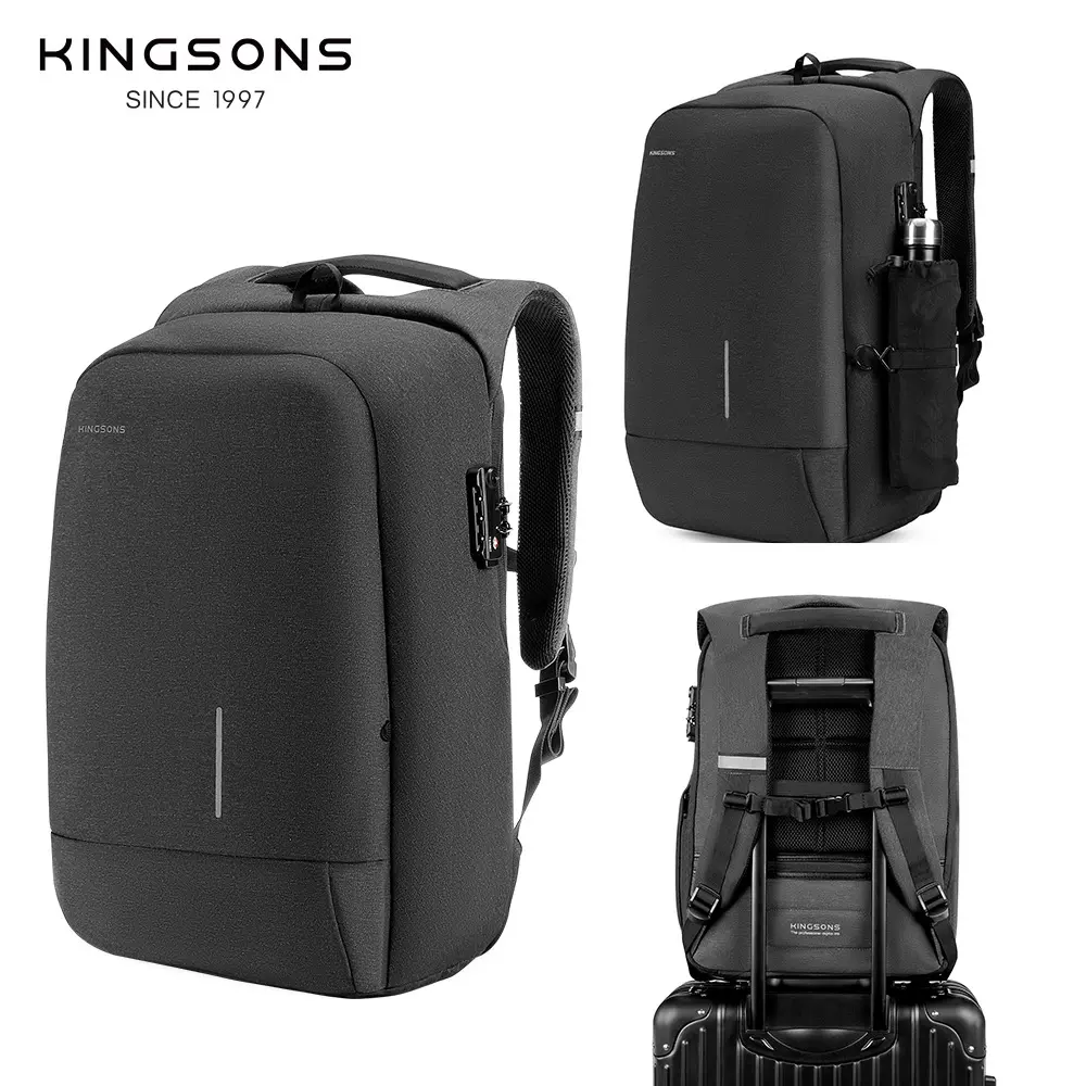 金圣斯新款背包usb简约反光全开日系电脑背包轻便商务男士双肩包