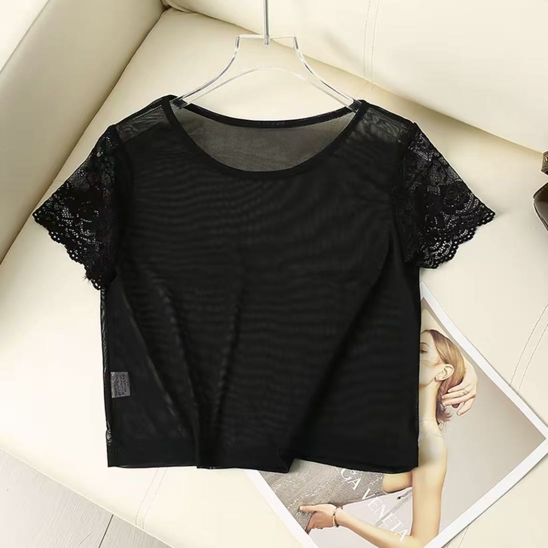 2026 New Round Neck Lace Short Sleeve Half-Sleeve Top, Ice Silk Mesh Base Layer Top, Women's Suspender Dress Layer Cover-Up