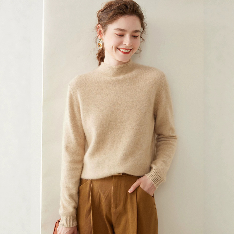 Direct from the factory: double-strand, thickened, ribbed, half-high-neck 100% pure cashmere sweater for women, knitted base layer, women's sweater