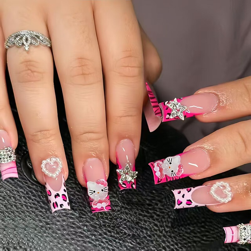 Cross-Border 24-Piece Leopard Print French-Style Medium-Sized Nail Tips with Full Rhinestones, Kitty Cat Nail Tips, Wearable Nail Tips Cross-Border 24-Piece Leopard Print French-Style Medium-Sized Nail Tips with Full Rhinestones, Kitty Cat Nail Tips, Wearable Nail Tips