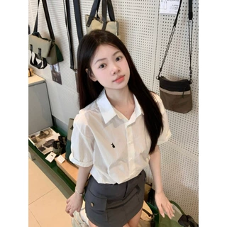2026新款白色衬衫女夏季小个子休闲短袖衬衣兔子刺绣宽松上衣批发