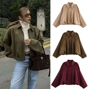 2025 spring new ladies European and American cross-border fashion army green suede effect short long sleeve epaulettes coat