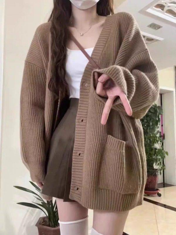 新款秋冬慵懒风V领单排扣羊毛开衫女外套韩版宽松中长款百搭上衣|undefined