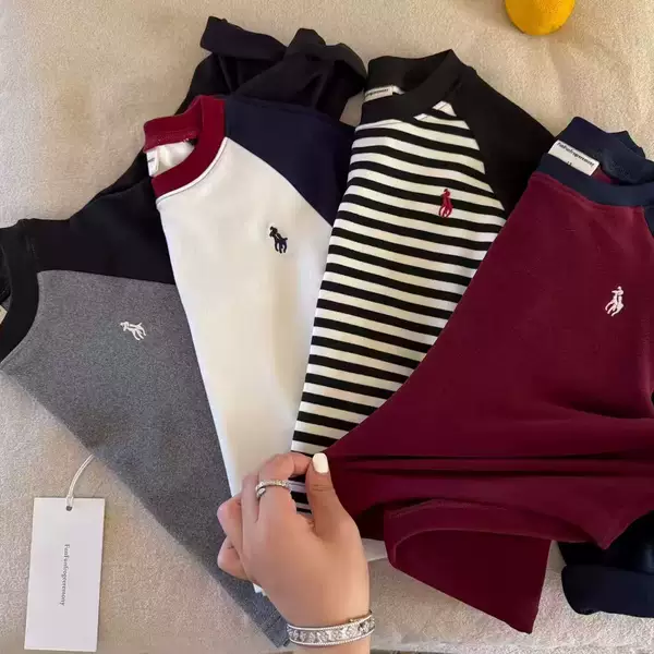Children's Australian Velvet Bottoming Shirt Long-Sleeved T-Shirt Men's Autumn and Winter Style Kidsren's Contrasting Raglan Sleeves Stripesd Trendy Baby Girls Fleece-Lined