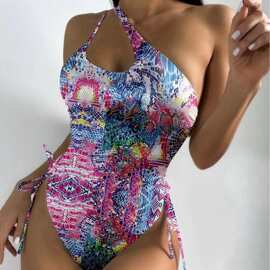 2025欧美新款涂鸦单肩连体印花度假泳装比基尼bikini泳衣泳装跨境
