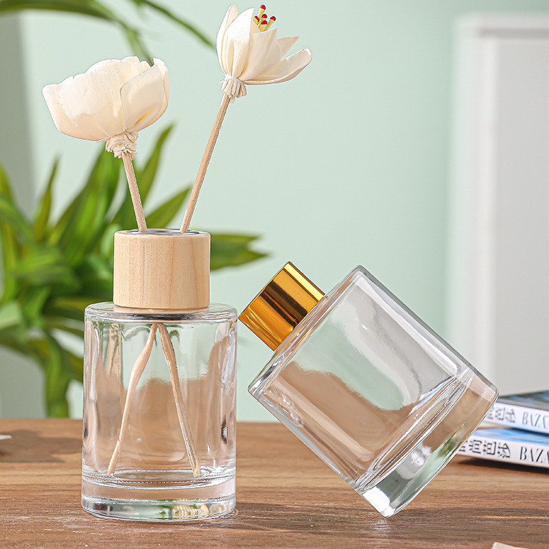 Botella de aromaterapia sin fuego, botella vacía, botella pequeña de vidrio cilíndrico, jarrón seco de ratán, decoración de dormitorio de inodoro, botella de fragancia de perfume