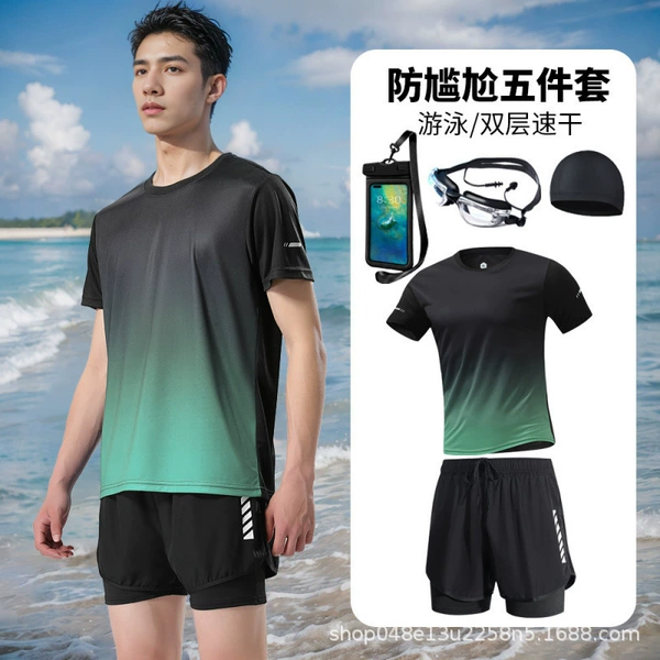 Green black trousers, swimming cap, waterproof bag, with short sleeve