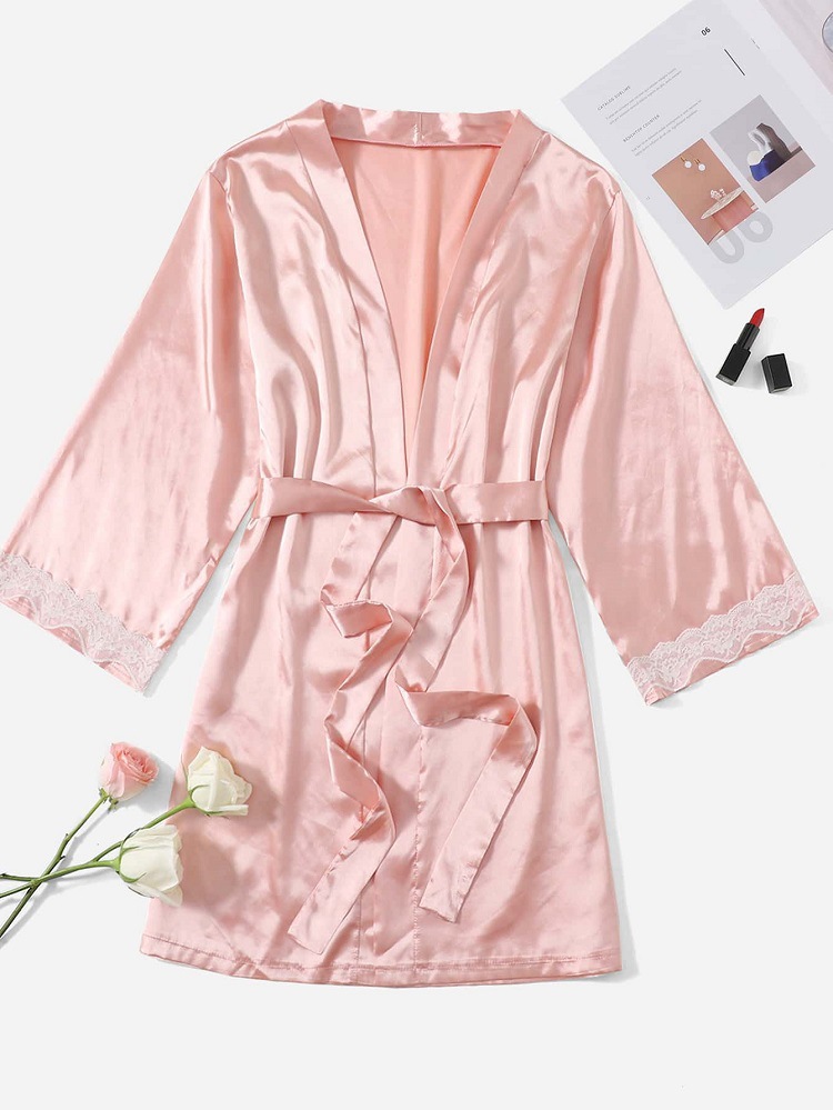 lace-up loose long sleeve v neck stitching solid color nightgown NSFQQ134044