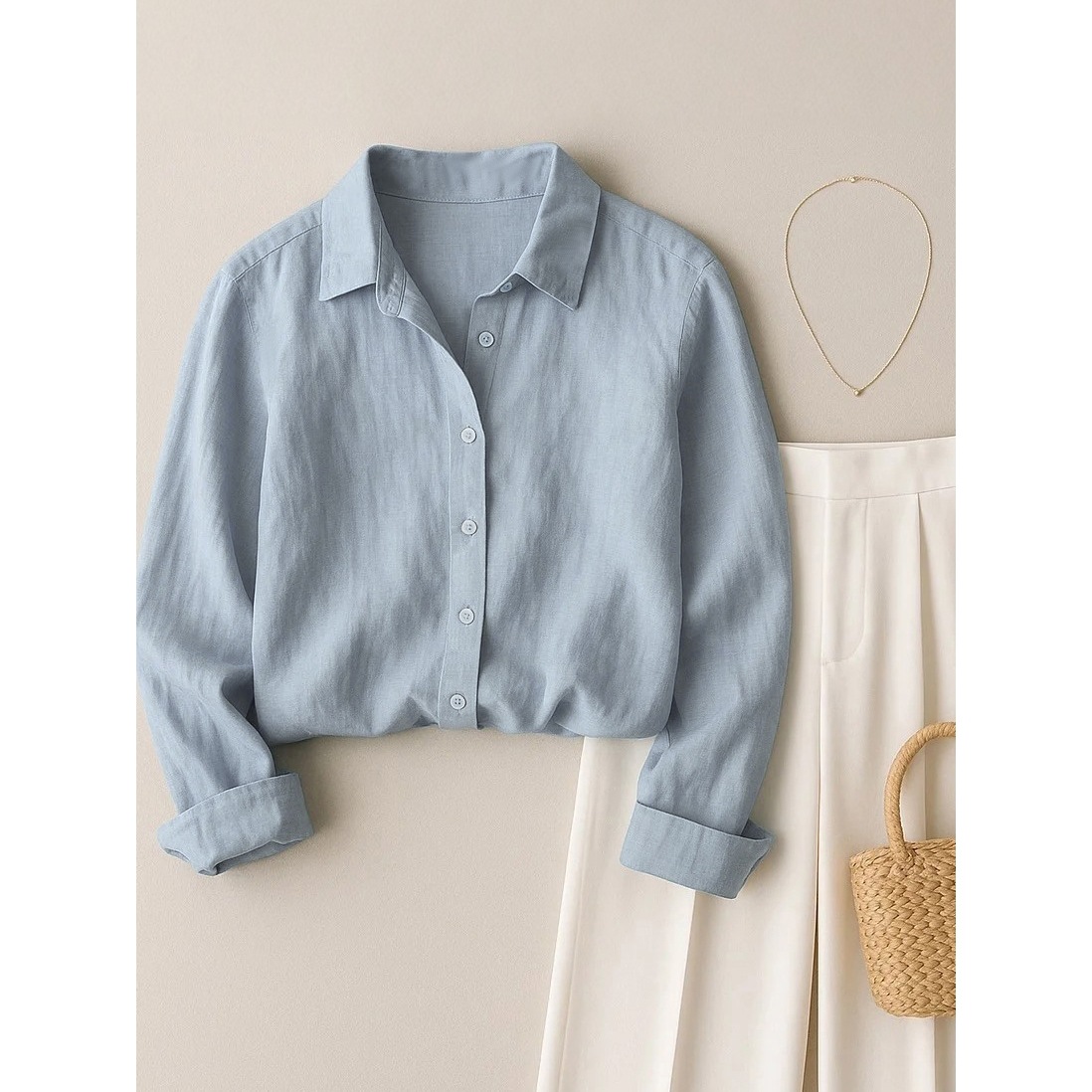 French Loose Casual Pure Color Cotton and Linen Shirt for Women Spring & Fall New Versatile High-End Long-Sleeved Loose Linen Shirt