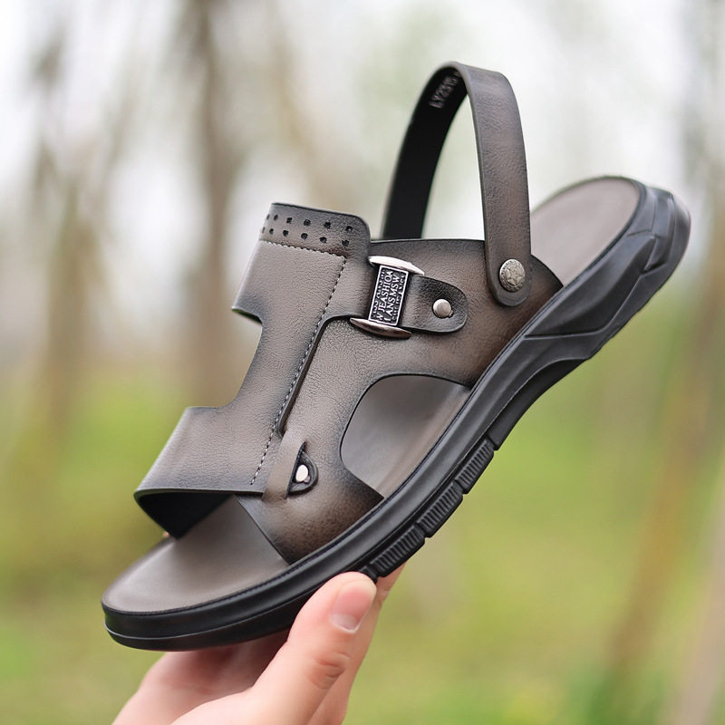 Dép sandal nam đế dày gót thấp 1–3 cm, mũi tròn hở ngón, thoáng khí, đi biển và đi chơi hằng ngày — Màu kaki, Màu nâu, màu xám