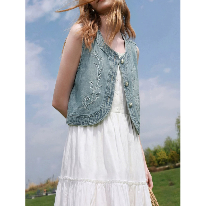 2026 New Summer Style Embroidered Short Jacket Denim Vest Layered Cardigan Round Neck D412Gm20Hn10 2026 New Summer Style Embroidered Short Jacket Denim Vest Layered Cardigan Round Neck D412Gm20Hn10
