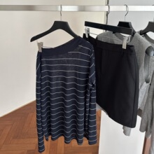 LOVESTOR 探索松弛夏日斜肩多穿法显瘦薄透条纹长袖T恤百搭