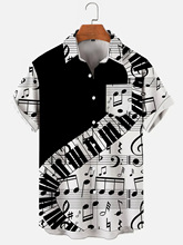 文艺男士夏季翻领开衫黑白色钢琴音符印花休闲衬衫时尚舒适短袖