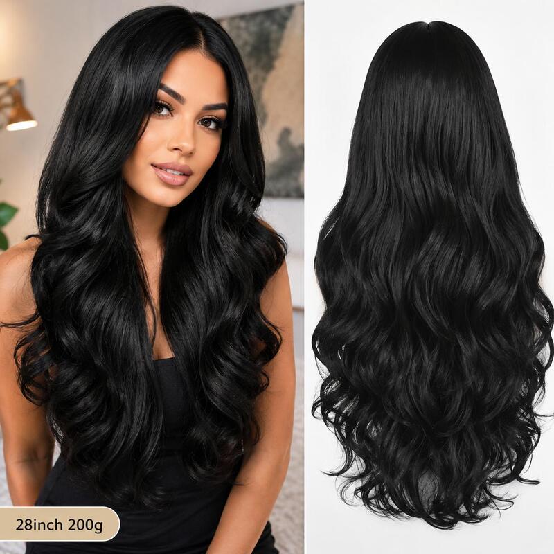 28inch Cross-Border Hot-Selling Black Synthetic Wig Features Deep Curly Waves and Comes with a Lightweight, Breathable Snap-On Net
