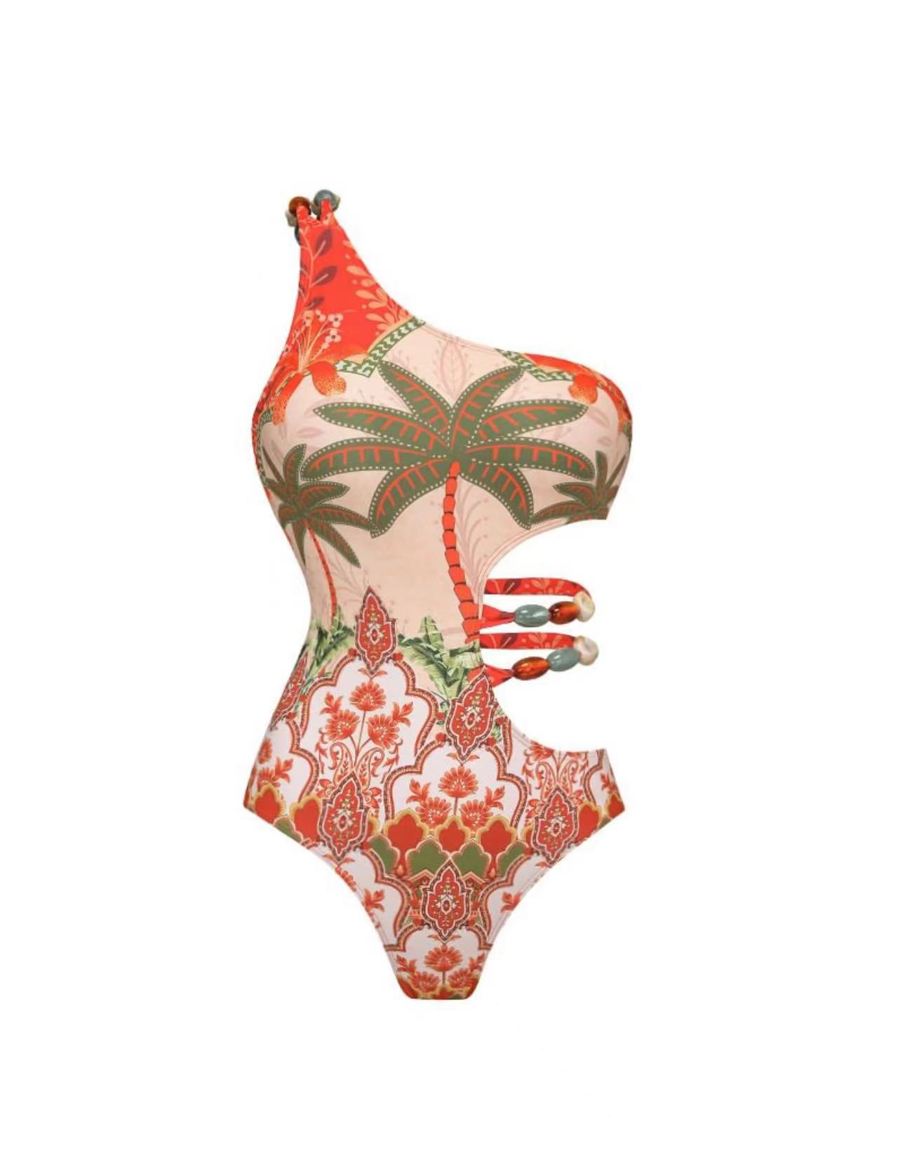Beach, Swimming Occasion Oblique collar Neckline Slim Fit Type Women's Casual Sexy Coconut Tree 2 Pieces Set One Piece Swimwear
