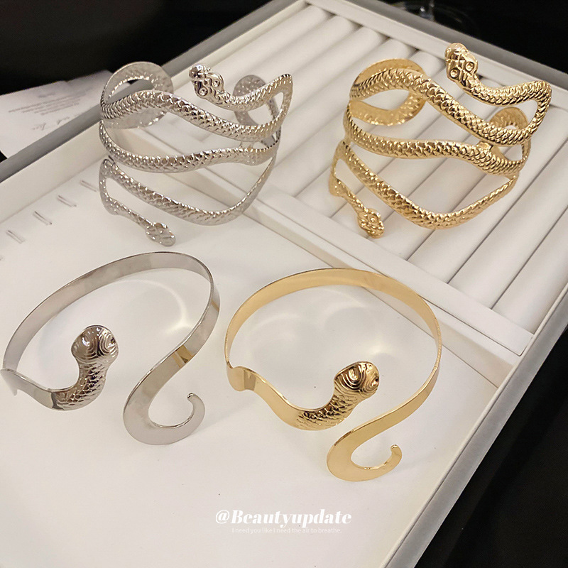 Brazalete de serpiente de doble cabeza envolvente de viento frío de metal europeo y americano, pulsera de todo fósforo de personalidad de alta gama, brazalete de lujo ligero transfronterizo femenino