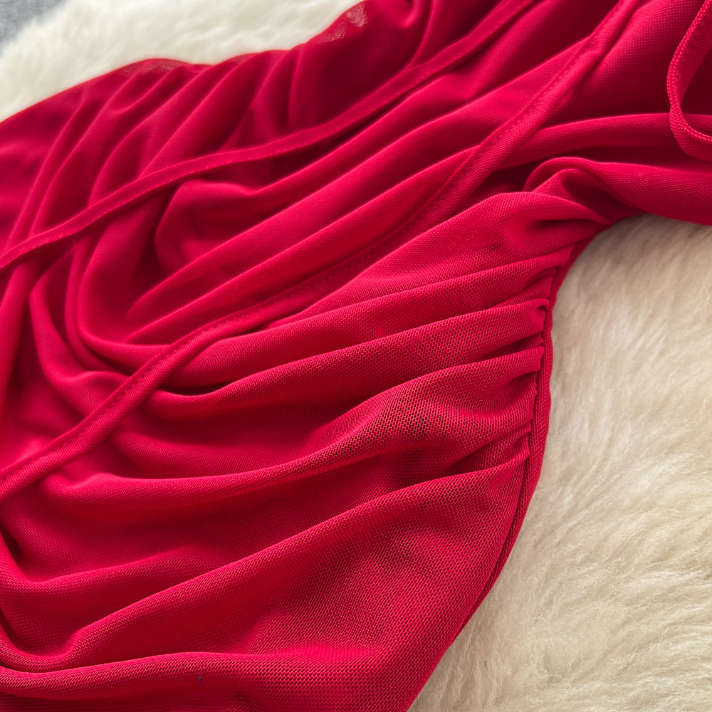 Elegant Red Short Sleeved Dress for Women Korean Style Pleated A-Line Long Skirt Sophisticated Flattering Slimming Work Dress_ecoleips.com