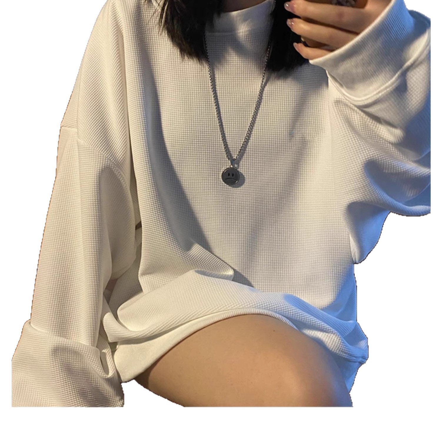 Waffle cuello redondo camiseta de manga larga de otoño 2026 nuevo negro delgado suelto blusa de color sólido camiseta de mujer image 6