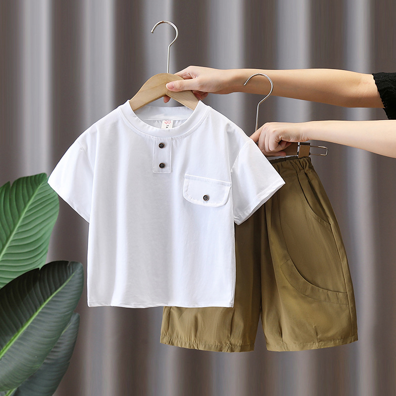 7429 Traje de manga corta de verano para niños Camiseta delgada para niños de estilo occidental Traje de dos piezas 2025 Nuevo estilo Ropa para niños de moda 5