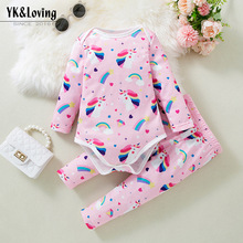 跨境专供婴儿宝宝服春秋装印花独角兽长袖哈衣长裤2件套一件代发