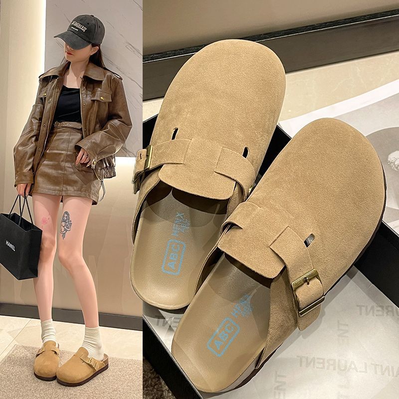 Bocken Unisex Genuine Cork Flat Cowhide Fishing Bocken Shoes Casual Baotou Slippers